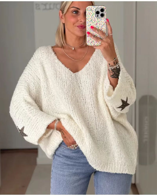 Casual Knit Sweater with Cuffed Stars