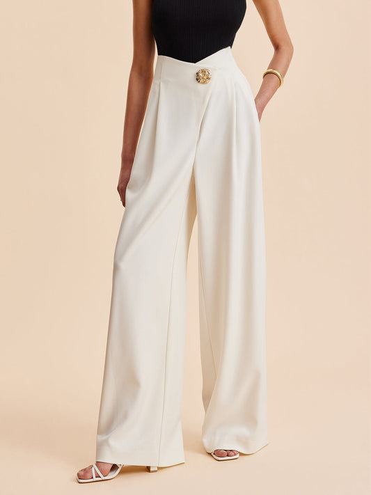 Sienna Wide-Leg Trousers – Elegant High-Rise Pants with Gold Detail