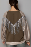 Chic French Terry Sweatshirt with Balloon Sleeves & Sparkling Sequin Tassels