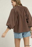Chic Texture Statement Blouse with Notched Detail & Dramatic Balloon Sleeves
