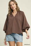 Chic Texture Statement Blouse with Notched Detail & Dramatic Balloon Sleeves