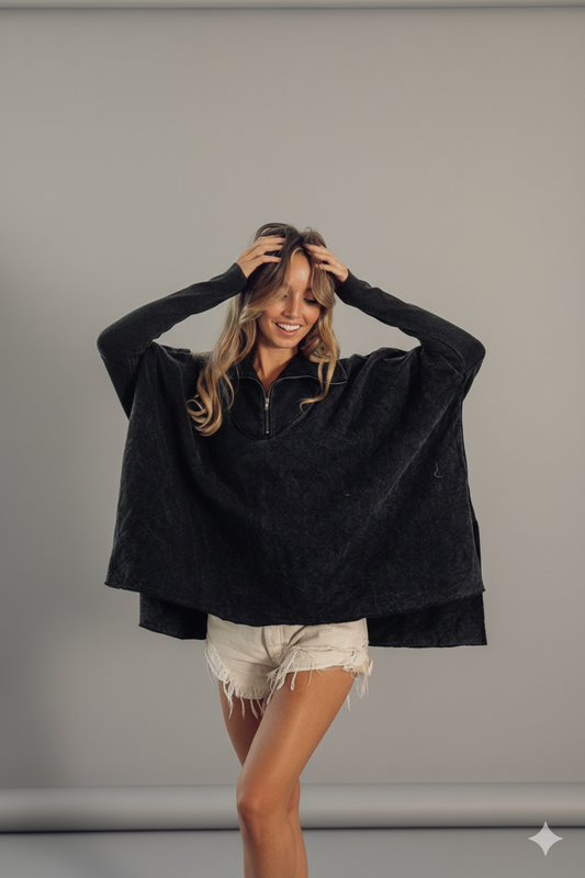 Vintage Washed Quilted Half‑Zip Pullover – Cozy Oversized Comfort