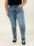 Stylish Mid-Rise Rigid Denim Jeans with Raw Hem Accent