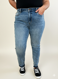 Stylish Mid-Rise Rigid Denim Jeans with Raw Hem Accent