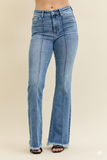 Sculpted High‑Waist Flare Jeans with Pintuck & Frayed Hem – Judy Blue Statement Denim