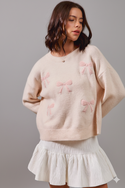 Elegant Ribbon‑Embroidered Round Neck Sweater – Soft, Feminine & Cozy