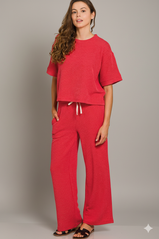 Cozy Raised-Rib Lounge Set – Short Sleeve Tee & Pull-On Pants