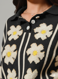 Chic Floral‑Stripe Polo‑Collar Sweater – Vibrant Knit with Preppy Flair