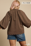 Chic Texture Statement Blouse with Notched Detail & Dramatic Balloon Sleeves