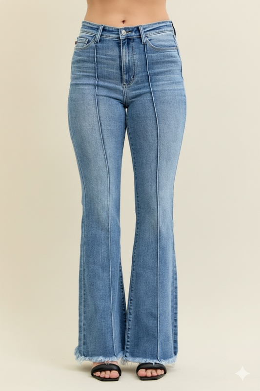 Sculpted High‑Waist Flare Jeans with Pintuck & Frayed Hem – Judy Blue Statement Denim