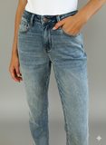 Stylish Mid-Rise Rigid Denim Jeans with Raw Hem Accent