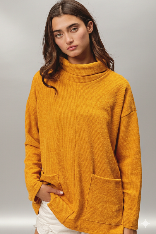 Cozy Double‑Pocket Turtle‑Neck Sweater – Rib Knit Comfort with Everyday Function