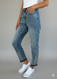 Stylish Mid-Rise Rigid Denim Jeans with Raw Hem Accent