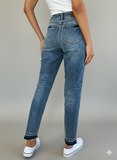 Stylish Mid-Rise Rigid Denim Jeans with Raw Hem Accent