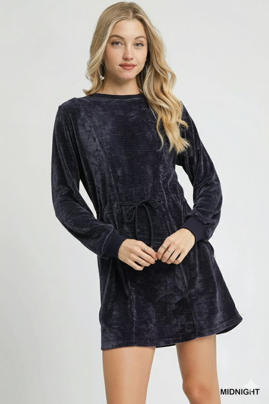 Luxe Velour Mini Dress – Cinch Waist & Long‑Sleeve Glam