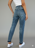 Stylish Mid-Rise Rigid Denim Jeans with Raw Hem Accent