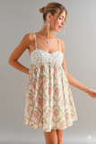 Playful Garden-Ready Floral Cami Mini Dress with Lace Accents