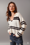 SO ME Fuzzy Hairy Stripe Deep‑U Sweater — Oversized Texture & Bold Neckline