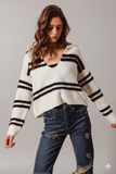 SO ME Fuzzy Hairy Stripe Deep‑U Sweater — Oversized Texture & Bold Neckline