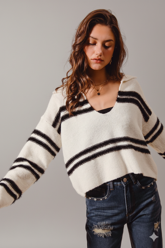SO ME Fuzzy Hairy Stripe Deep‑U Sweater — Oversized Texture & Bold Neckline