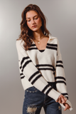 SO ME Fuzzy Hairy Stripe Deep‑U Sweater — Oversized Texture & Bold Neckline