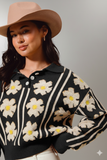 Chic Floral‑Stripe Polo‑Collar Sweater – Vibrant Knit with Preppy Flair