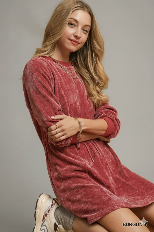 Velvety Chic: Umgee Long‑Sleeve Velour Mini Dress with Drawstring Waist