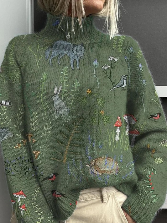 Forest & Fauna Pattern Turtleneck Knit Pullover