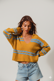 Cozy Fuzzy Stripe Sweater with Deep U‑Neck – Oversized Comfort