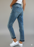 Stylish Mid-Rise Rigid Denim Jeans with Raw Hem Accent