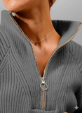 Stylish Half‑Zip Mock‑Neck Ribbed Sweater with Trendy Balloon Sleeves