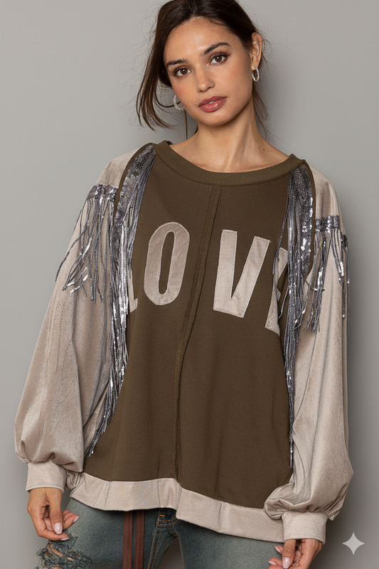 Chic French Terry Sweatshirt with Balloon Sleeves & Sparkling Sequin Tassels