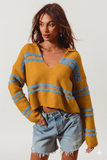 Cozy Fuzzy Stripe Sweater with Deep U‑Neck – Oversized Comfort