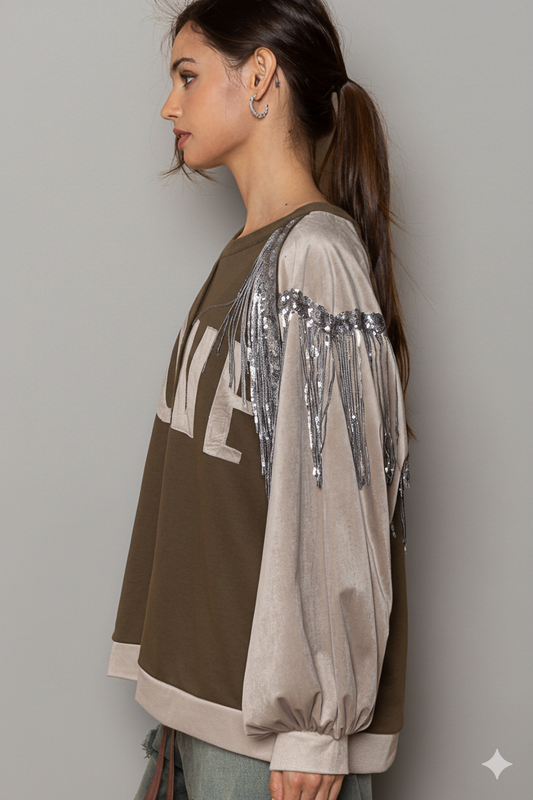Chic French Terry Sweatshirt with Balloon Sleeves & Sparkling Sequin Tassels