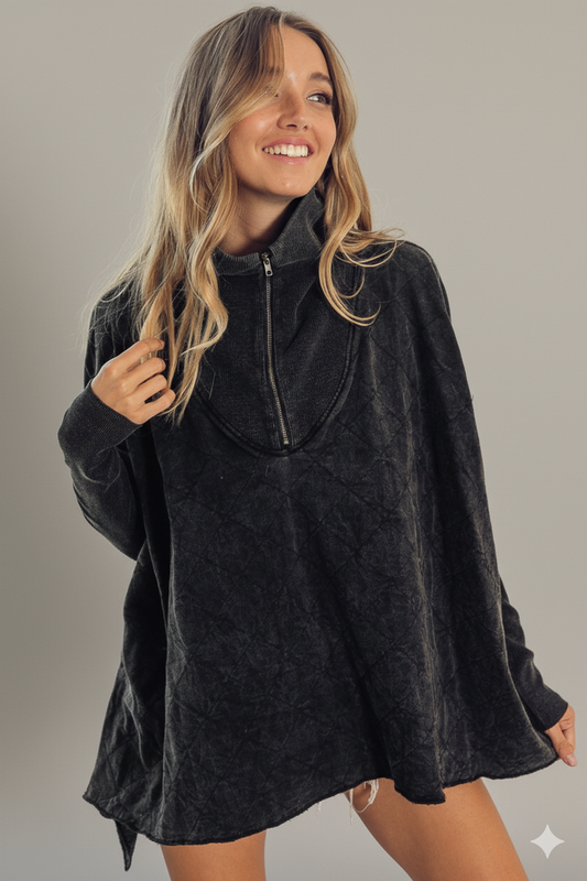Vintage Washed Quilted Half‑Zip Pullover – Cozy Oversized Comfort