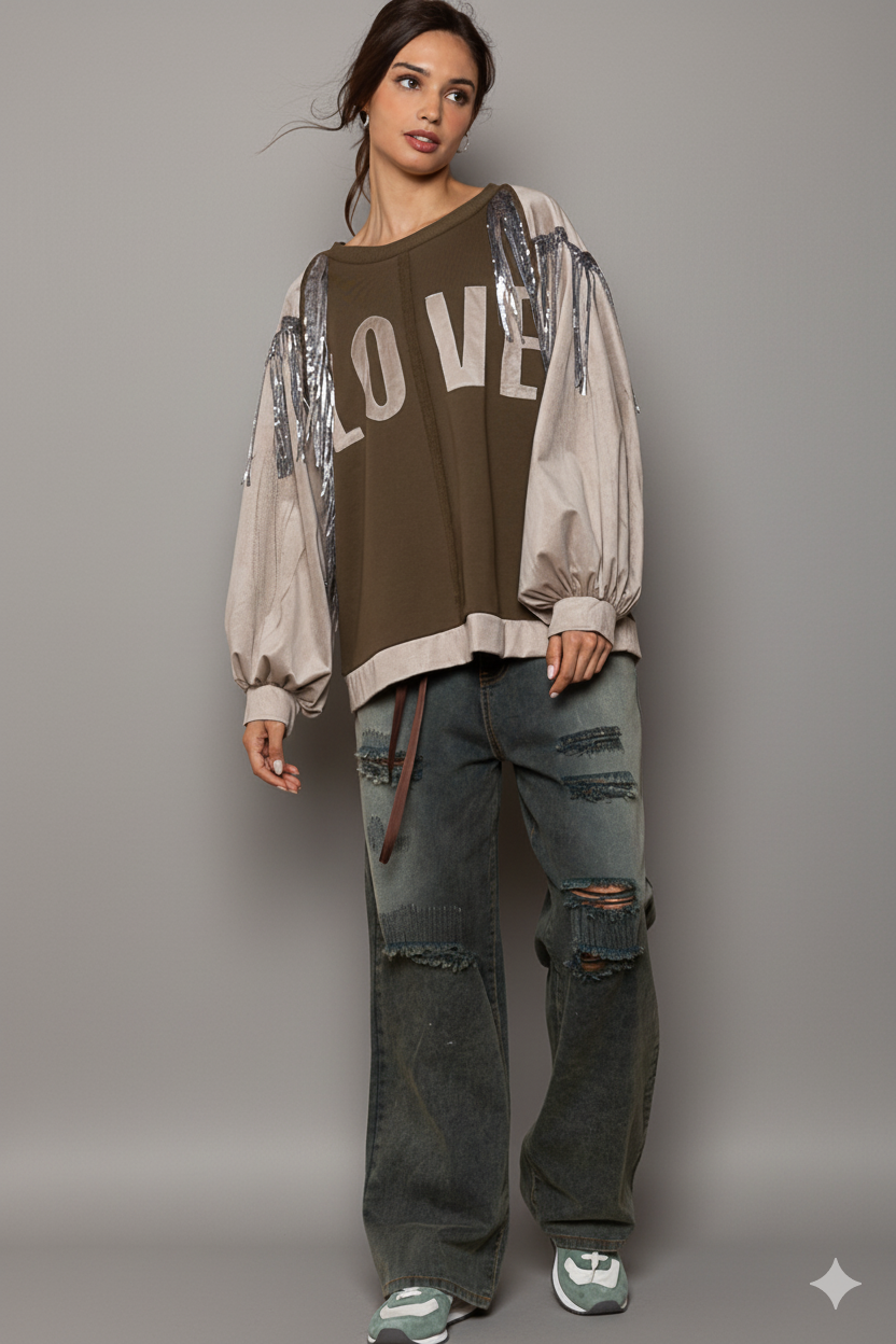Chic French Terry Sweatshirt with Balloon Sleeves & Sparkling Sequin Tassels