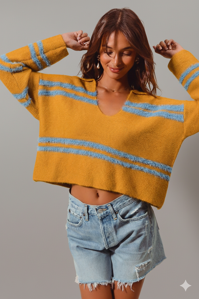 Cozy Fuzzy Stripe Sweater with Deep U‑Neck – Oversized Comfort