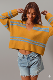 Cozy Fuzzy Stripe Sweater with Deep U‑Neck – Oversized Comfort