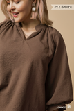 Chic Texture Statement Blouse with Notched Detail & Dramatic Balloon Sleeves