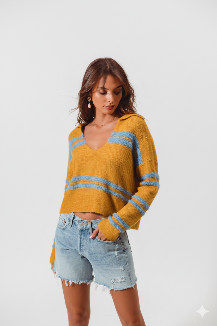 Cozy Fuzzy Stripe Sweater with Deep U‑Neck – Oversized Comfort