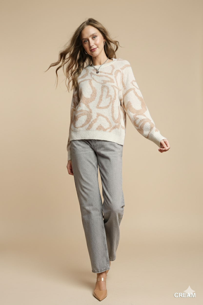Charming Oversized Heart-Print Crewneck Sweater