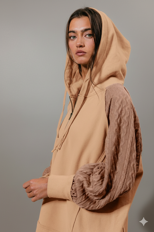 Zip Up Cozy: BiBi Half‑Zip French Terry Hoodie with Knit‑Sleeve Style