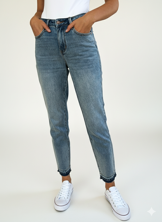 Stylish Mid-Rise Rigid Denim Jeans with Raw Hem Accent