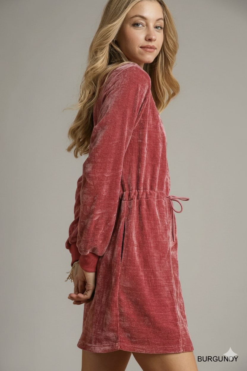 Velvety Chic: Umgee Long‑Sleeve Velour Mini Dress with Drawstring Waist