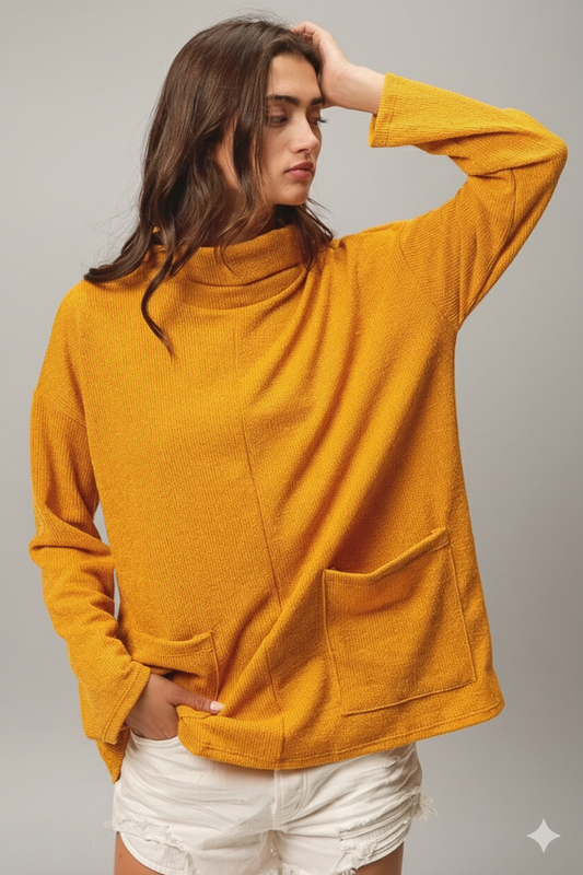 Cozy Double‑Pocket Turtle‑Neck Sweater – Rib Knit Comfort with Everyday Function