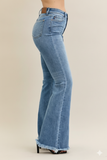 Sculpted High‑Waist Flare Jeans with Pintuck & Frayed Hem – Judy Blue Statement Denim