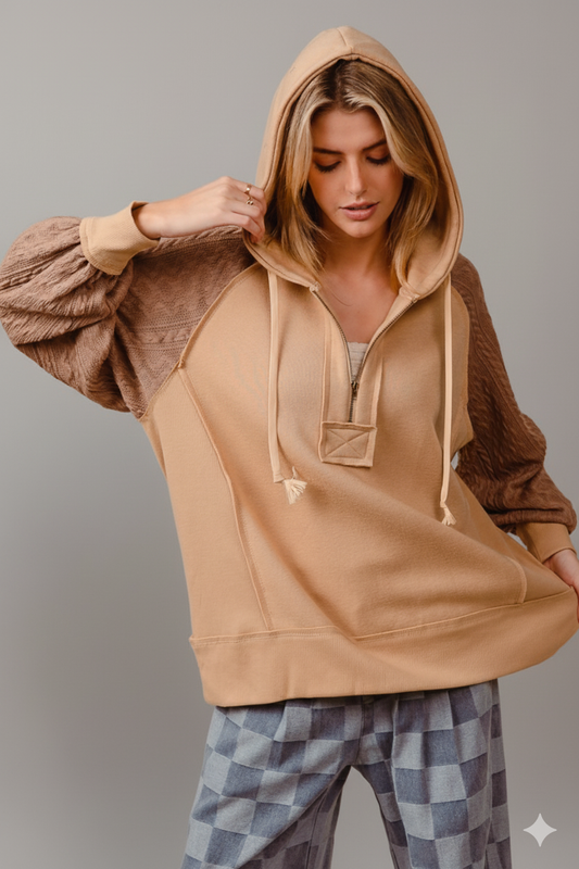 Zip Up Cozy: BiBi Half‑Zip French Terry Hoodie with Knit‑Sleeve Style