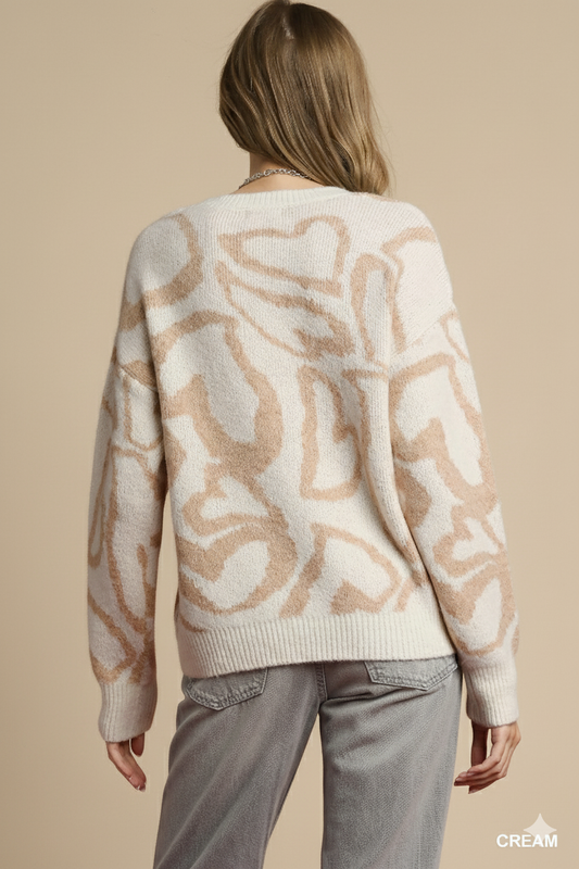 Charming Oversized Heart-Print Crewneck Sweater