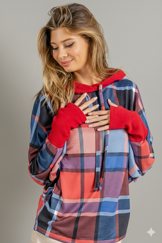 Plaid Mirr Brushed Rib Thumb‑Hole Open Hoodie – Cozy Layer with Edge
