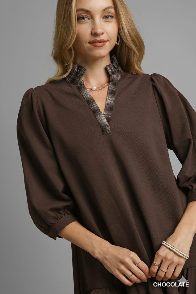 Soft French Terry Ruffle-Hem Dress with Stylish Plaid Trim